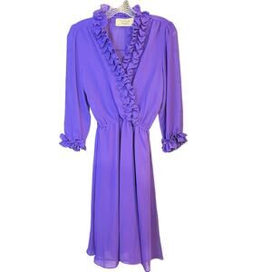 Vintage 70's Ferrali Petites Rafael Matz 3/4 Ruffle Sleeve Casuall Dress Purple